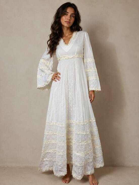Tachi Castillo Dresses & Skirts - VTG 70s Tachi Castillo Ivory Prairie Maxi Dress Lace Pintuck Bell Sleeve Boho